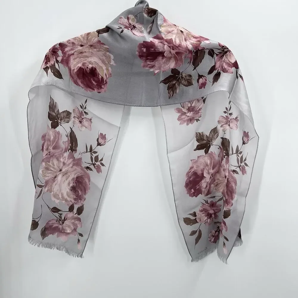 Vintage Ralph Lauren Silk Light Gray Pink Floral Roses Rectangle Scarf